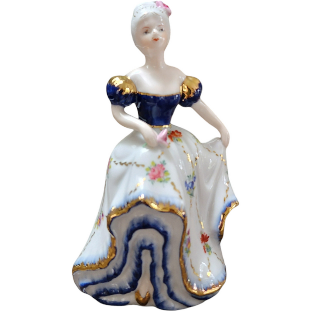 7" Victorian Woman Blue & White Dress Porcelain Figurine Statue