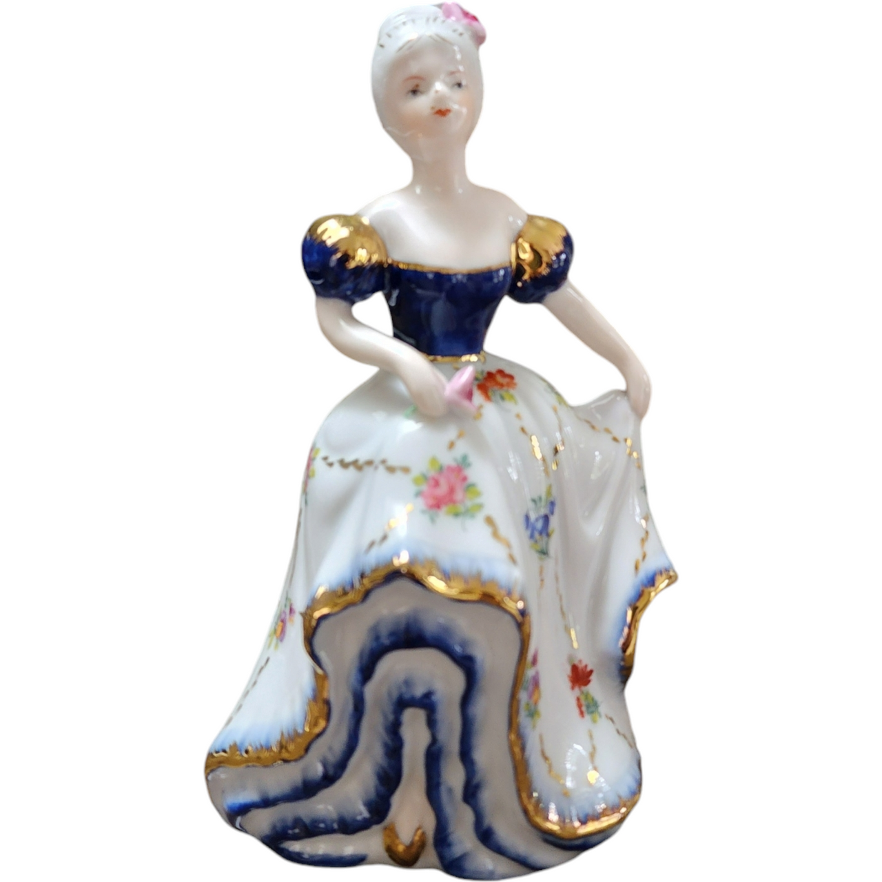 7" Victorian Woman Blue & White Dress Porcelain Figurine Statue