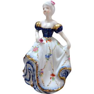 7" Victorian Woman Blue & White Dress Porcelain Figurine Statue