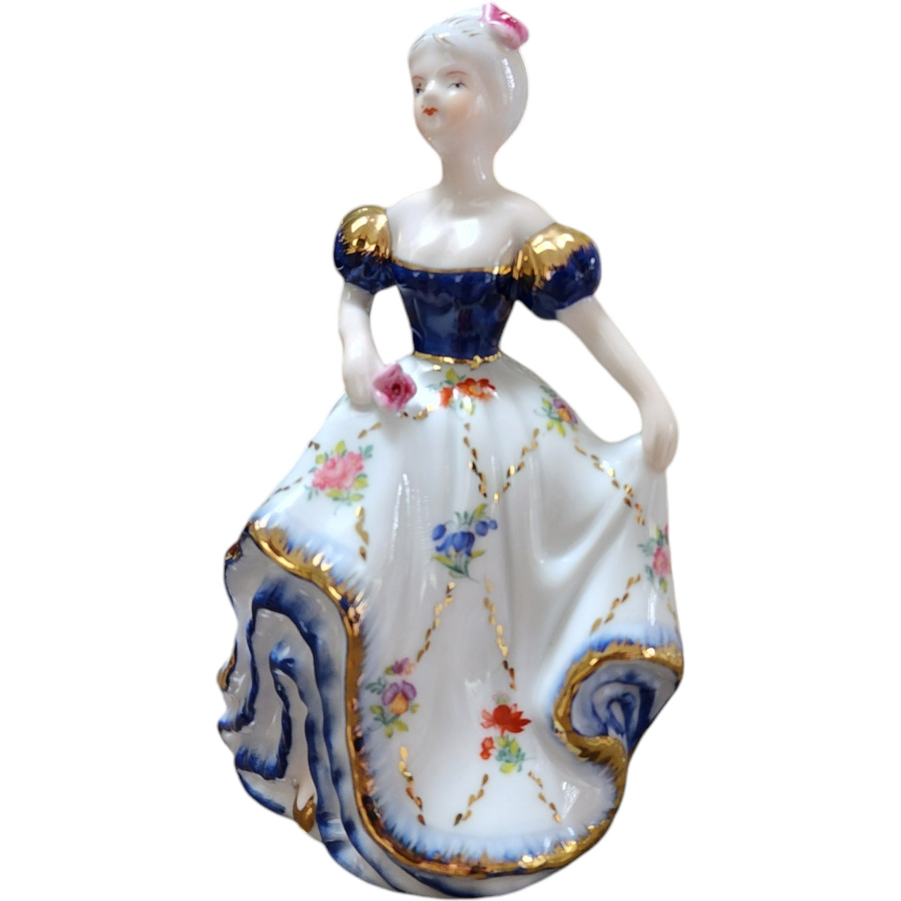 7" Victorian Woman Blue & White Dress Porcelain Figurine Statue