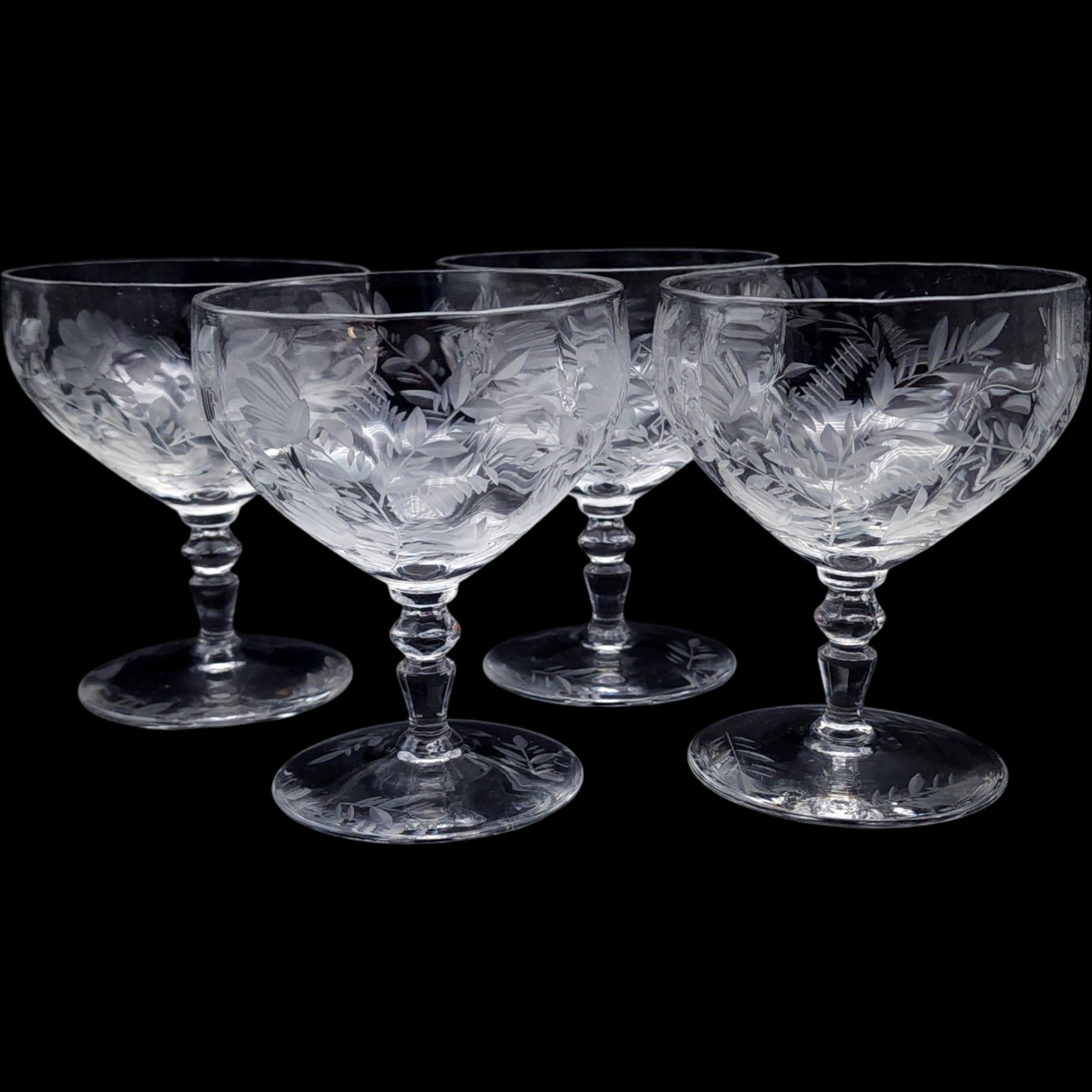 Vintage Rock Sharpe Etched Floral Low Sherbet Champagne Glasses Set of 4