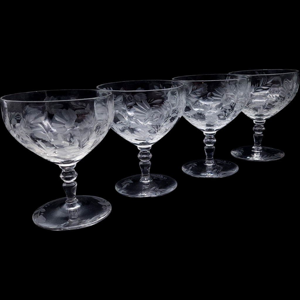 Vintage Rock Sharpe Etched Floral Low Sherbet Champagne Glasses Set of 4