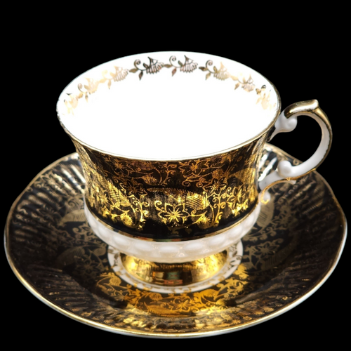 Elizabethan Sovereign Gold Floral & Leaves On Black Footed Cup & Saucer Set