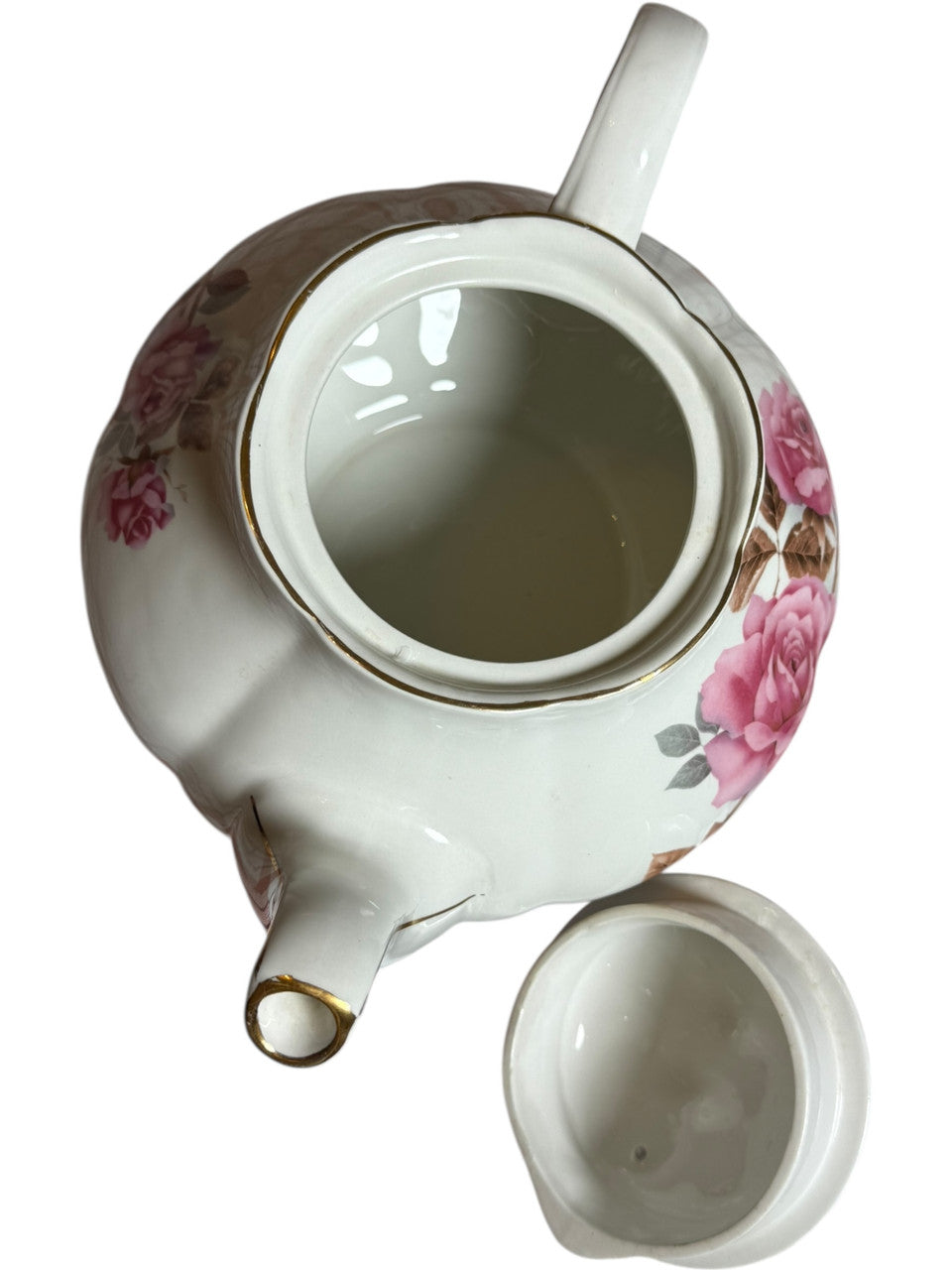 Vintage Ellgreave Wood & Sons Ironstone Teapot Pink Rose Floral with Gold Trim Made in England