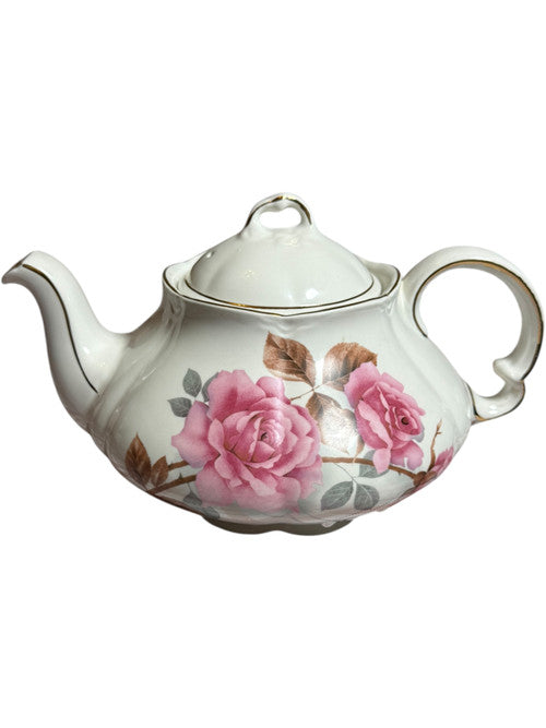 Vintage Ellgreave Wood & Sons Ironstone Teapot Pink Rose Floral with Gold Trim Made in England