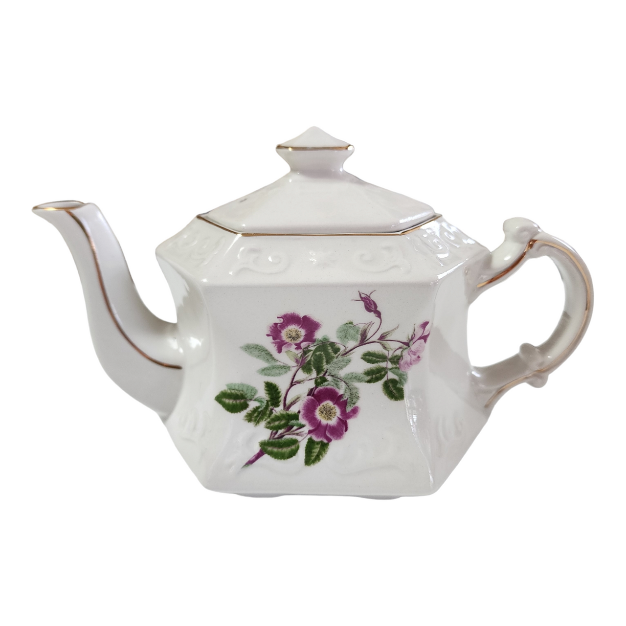 Ellgreave Purple Flowers Embossed Scrolls Ironstone  Teapot & Lid 3Cups