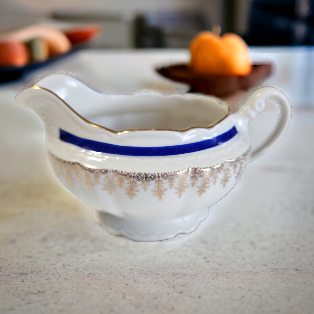 Embassy Vitrified China American Floral Center Cobalt Blue Band Gold Filigree Creamer