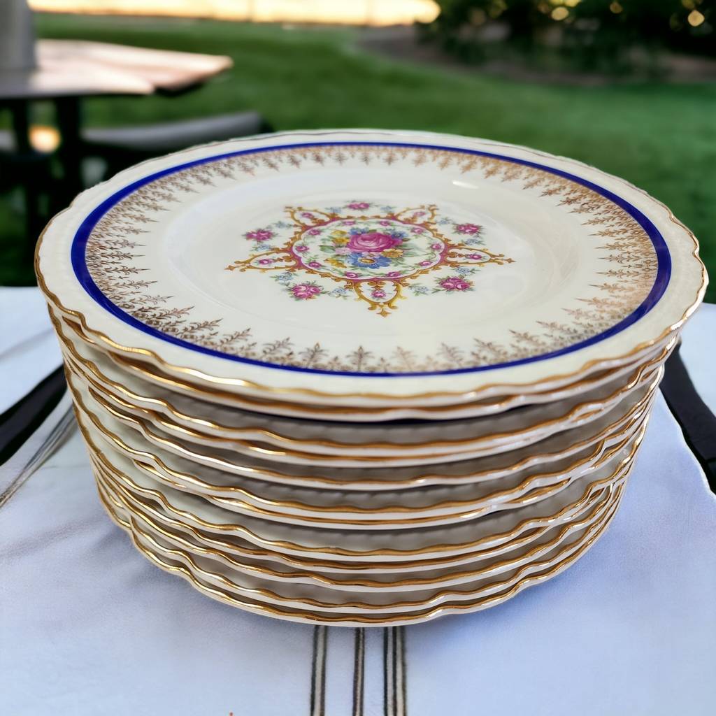 Embassy Vitrified China American Floral Center Cobalt Blue Band Gold Filigree Dinner Plate