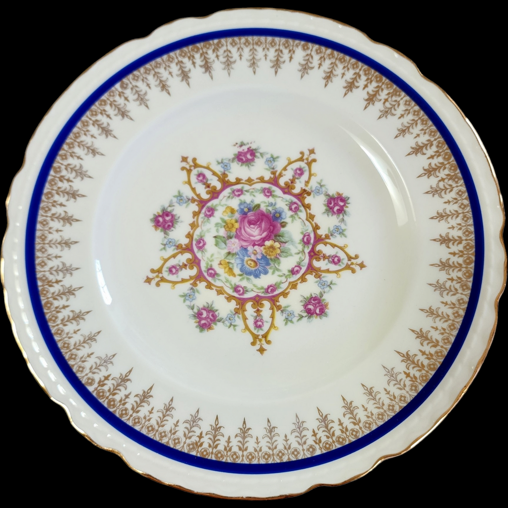 Embassy Vitrified China American Floral Center Cobalt Blue Band Gold Filigree Dinner Plate