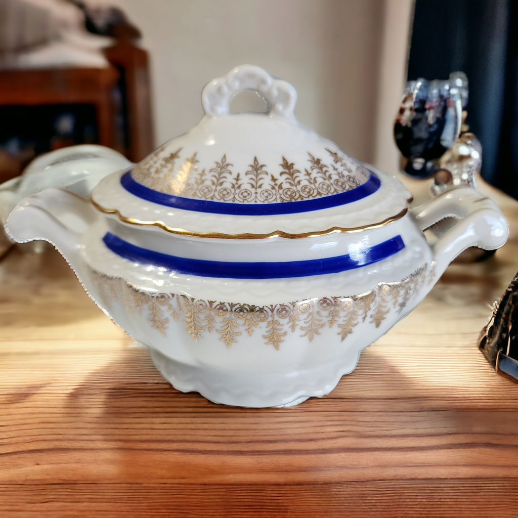 Embassy Vitrified China American Floral Center Cobalt Blue Band Gold Filigree Sugar Bowl & Lid