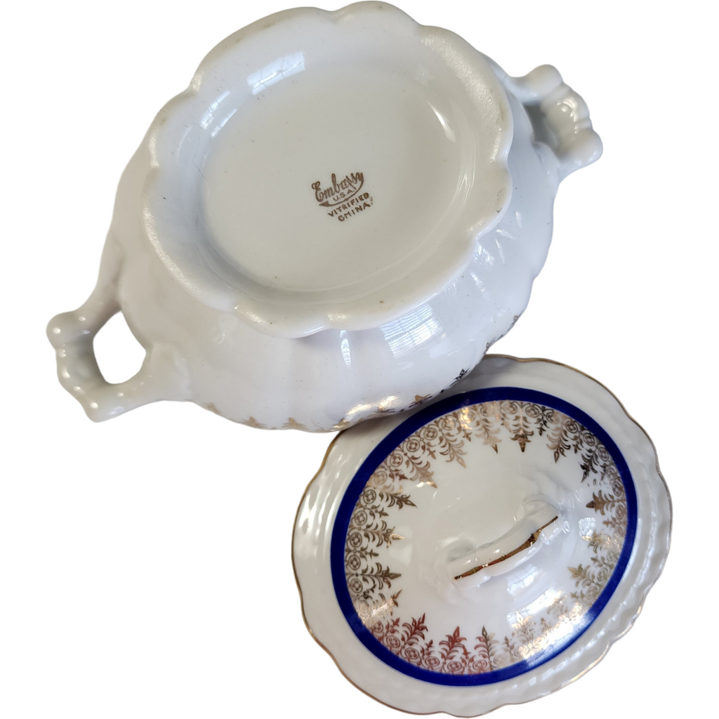 Embassy Vitrified China American Floral Center Cobalt Blue Band Gold Filigree Sugar Bowl & Lid