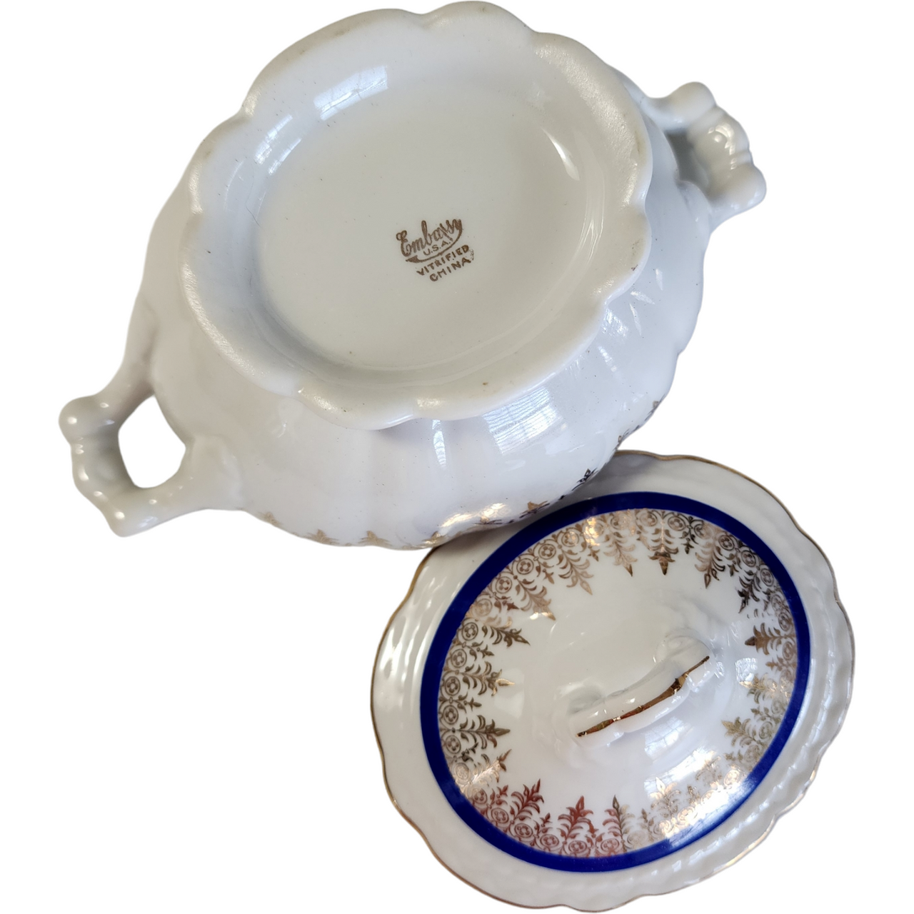 Embassy Vitrified China American Floral Center Cobalt Blue Band Gold Filigree Sugar Bowl & Lid