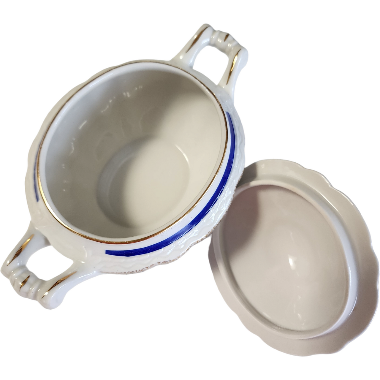 Embassy Vitrified China American Floral Center Cobalt Blue Band Gold Filigree Sugar Bowl & Lid