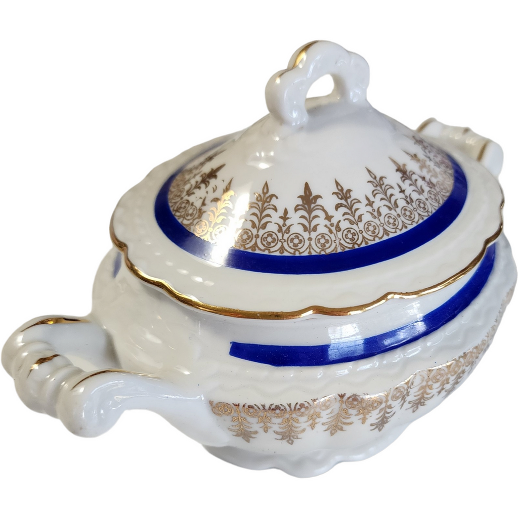 Embassy Vitrified China American Floral Center Cobalt Blue Band Gold Filigree Sugar Bowl & Lid