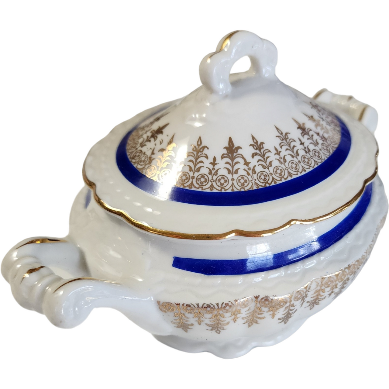 Embassy Vitrified China American Floral Center Cobalt Blue Band Gold Filigree Sugar Bowl & Lid