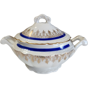 Embassy Vitrified China American Floral Center Cobalt Blue Band Gold Filigree Sugar Bowl & Lid