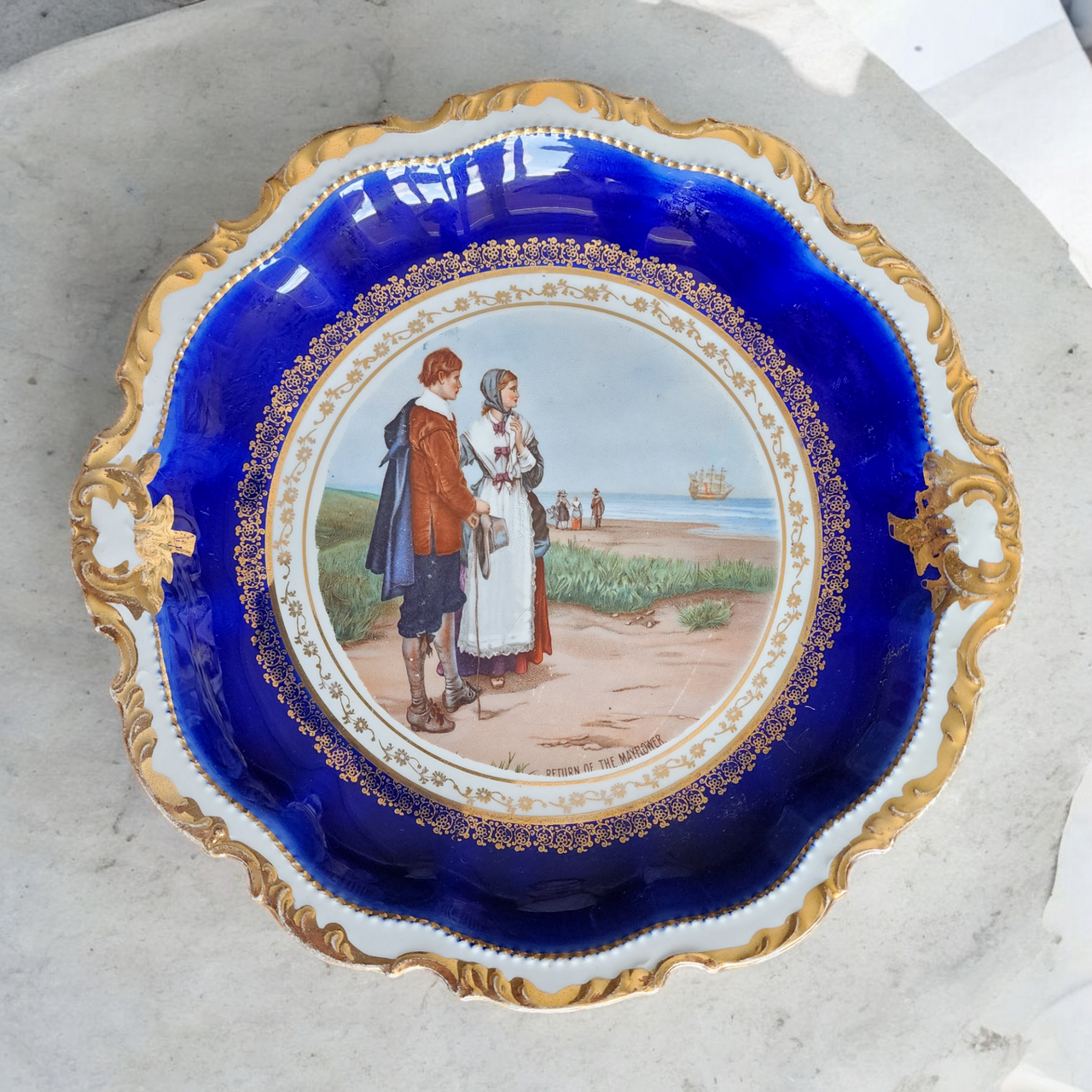 Empire China Cobalt Blue Rim Scalloped Gold Trim Dinner Plate