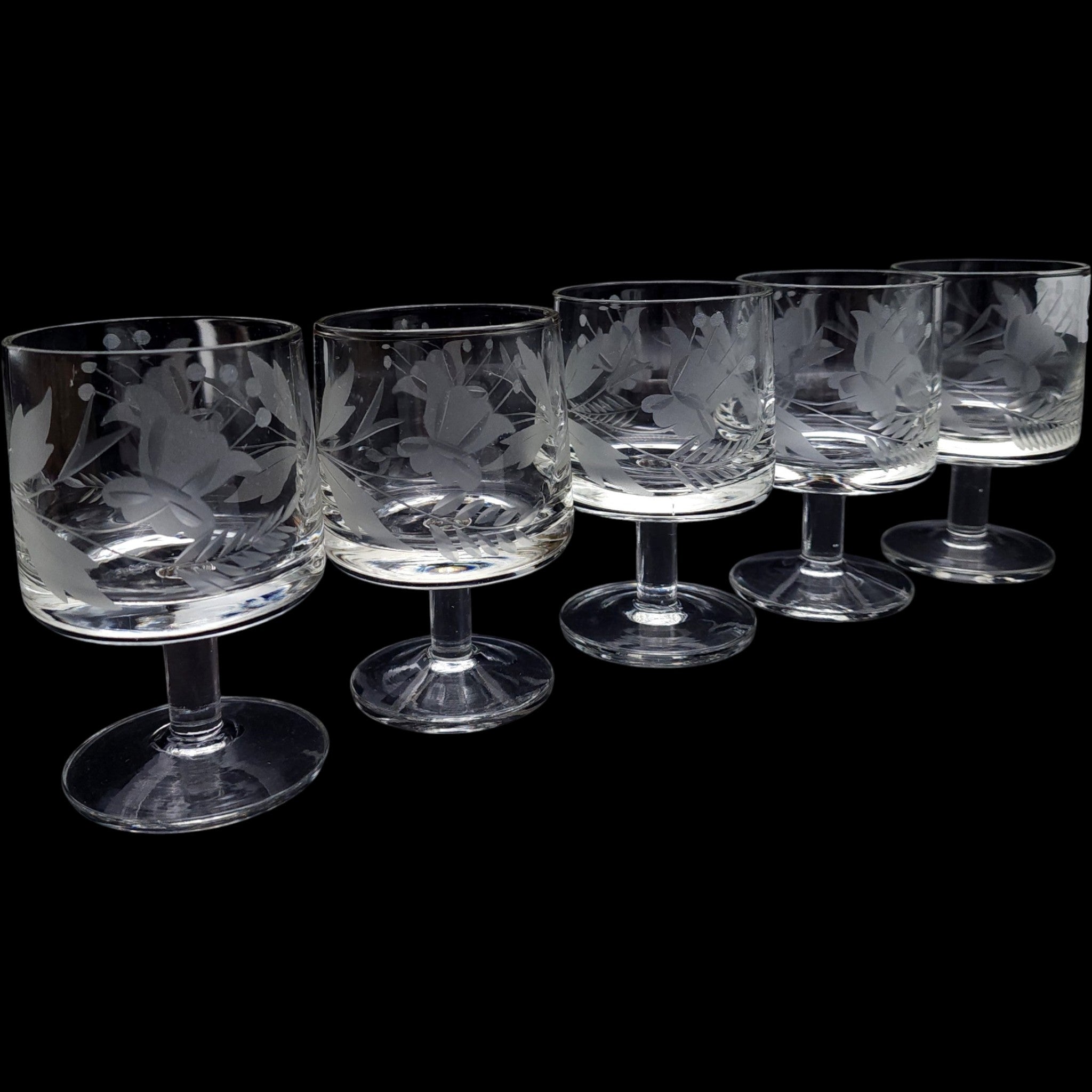 Vintage Etched Glass Cordial Glasses Floral & Fern Botanical Motif Set of 5