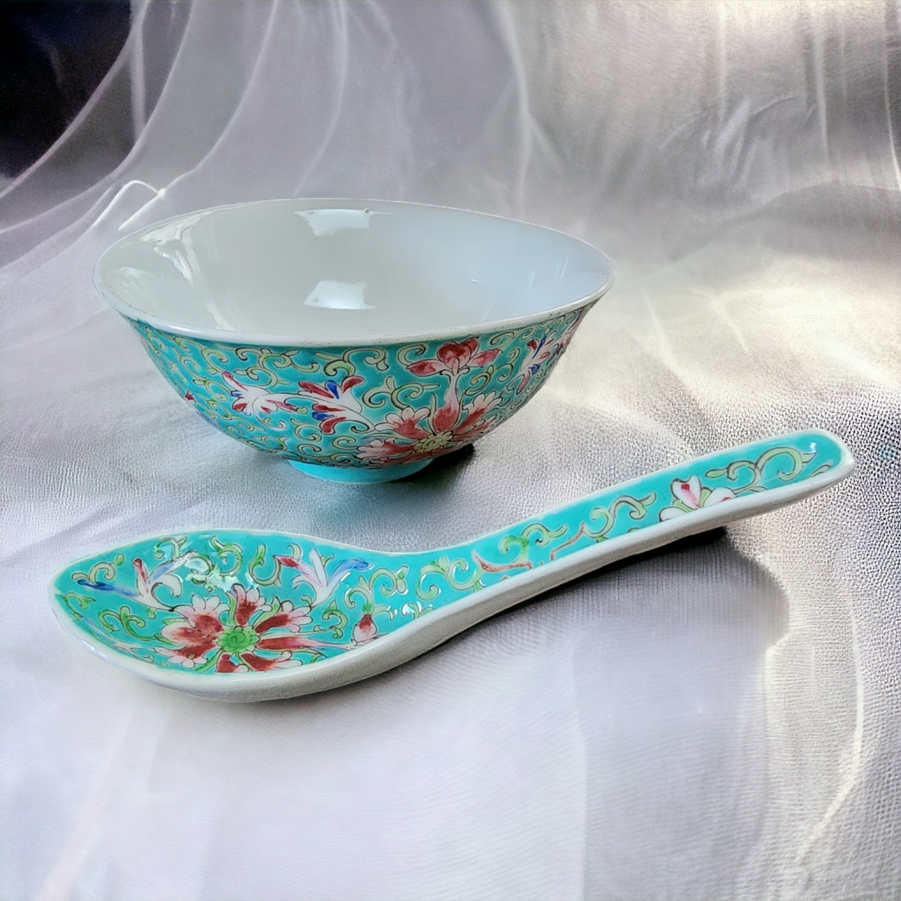 Famille Rose Turquoise Glazed Bowl and Spoon Qianlong Mark on the Base