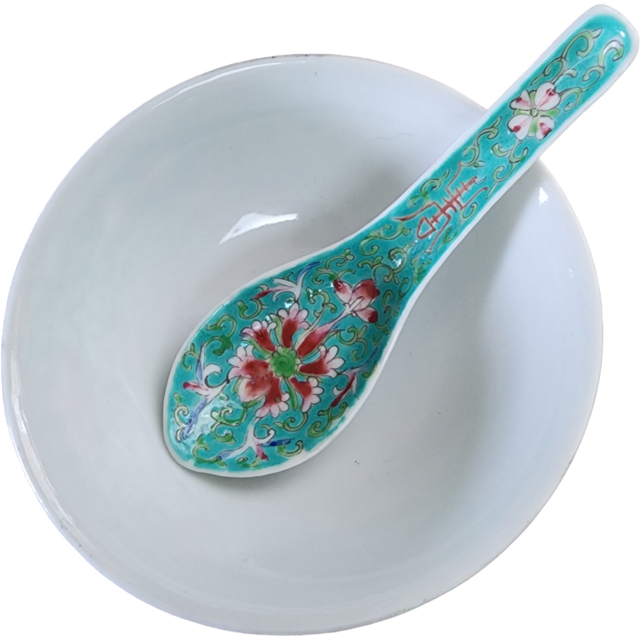 Famille Rose Turquoise Glazed Bowl and Spoon Qianlong Mark on the Base