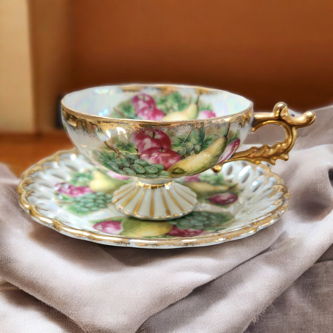 Fan Crest Iridescent Lusterware Gold Filigree Cup & Saucer Set 1975