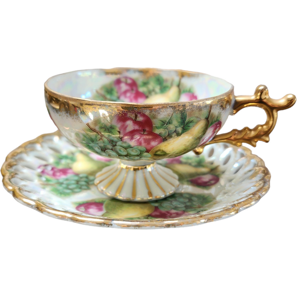 Fan Crest Iridescent Lusterware Gold Filigree Cup & Saucer Set 1975