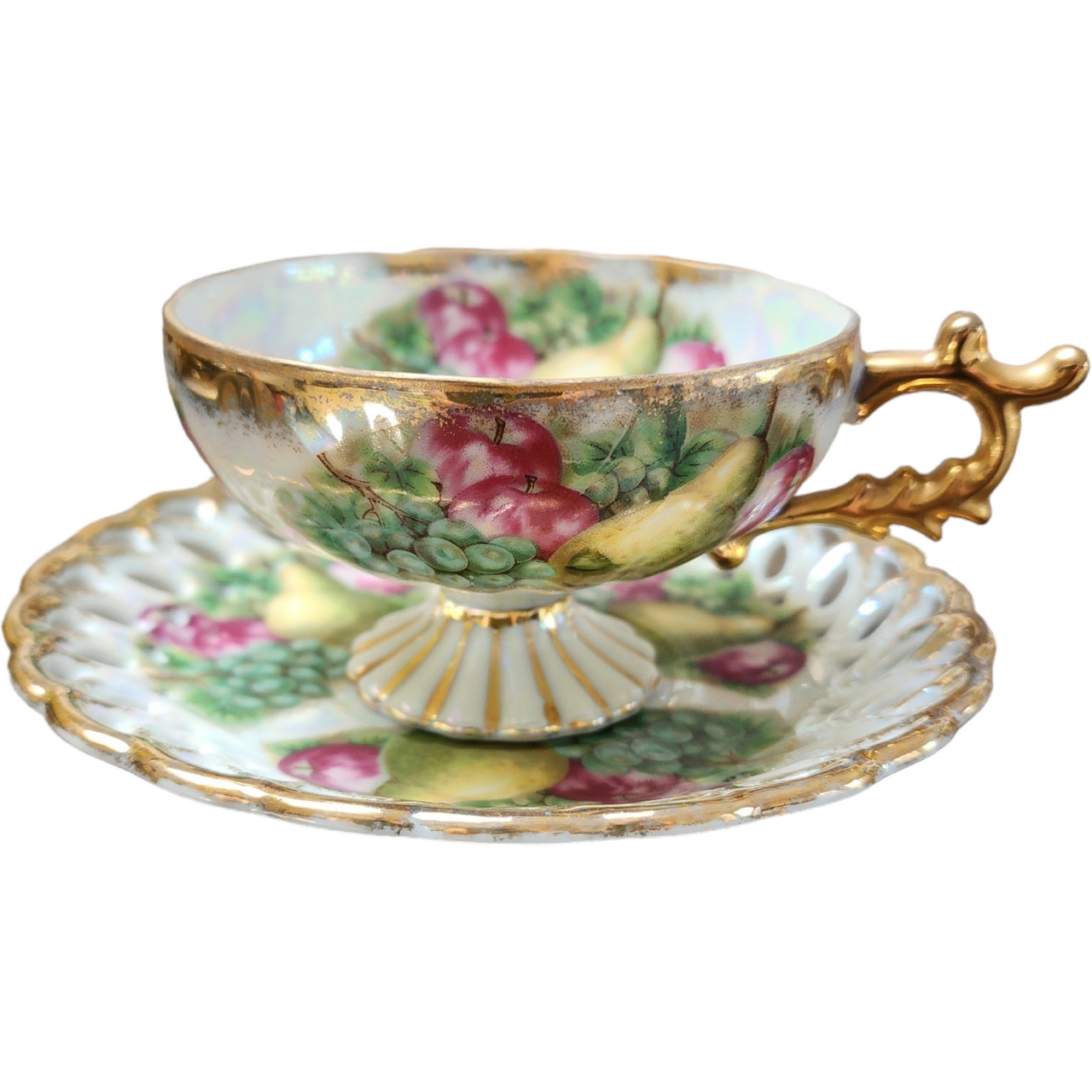 Fan Crest Iridescent Lusterware Gold Filigree Cup & Saucer Set 1975