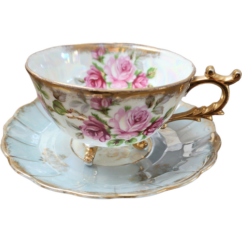 Fan Crest Iridescent Lusterware Gold Mismatched Footed Cup & Saucer Set