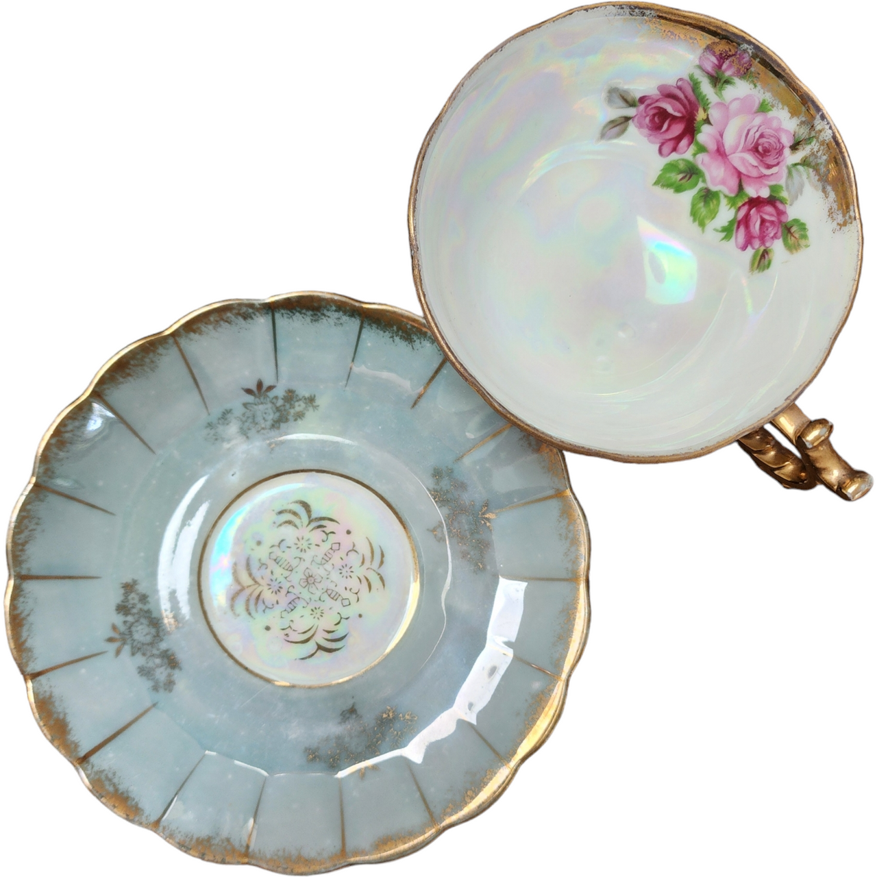Fan Crest Iridescent Lusterware Gold Mismatched Footed Cup & Saucer Set