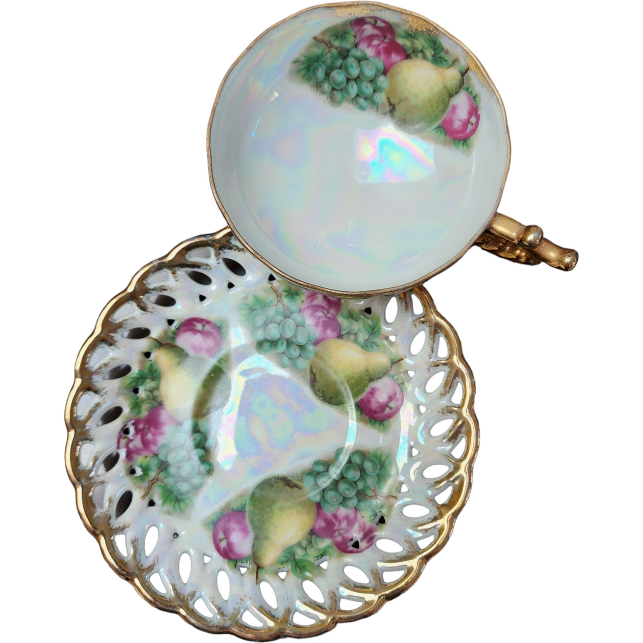Fan Crest Iridescent Lusterware Gold Filigree Cup & Saucer Set 1975