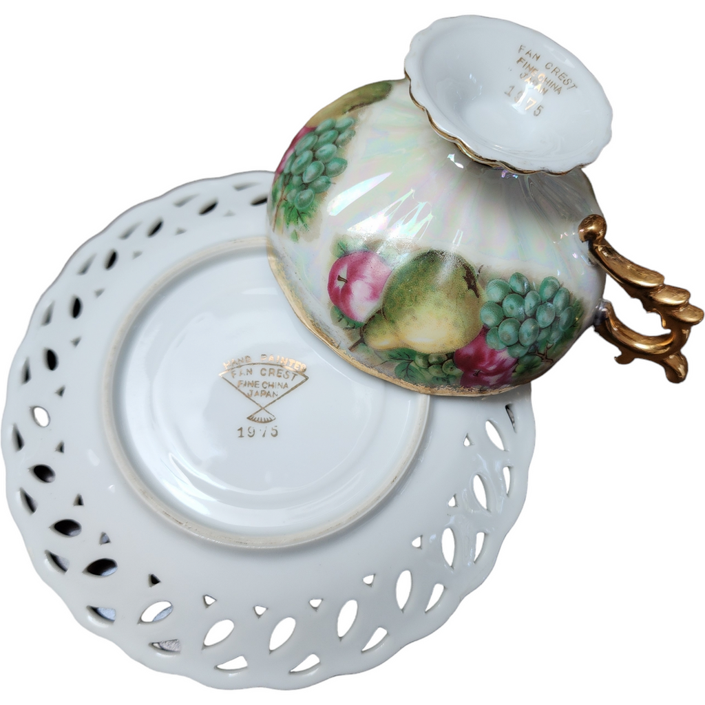 Fan Crest Iridescent Lusterware Gold Filigree Cup & Saucer Set 1975