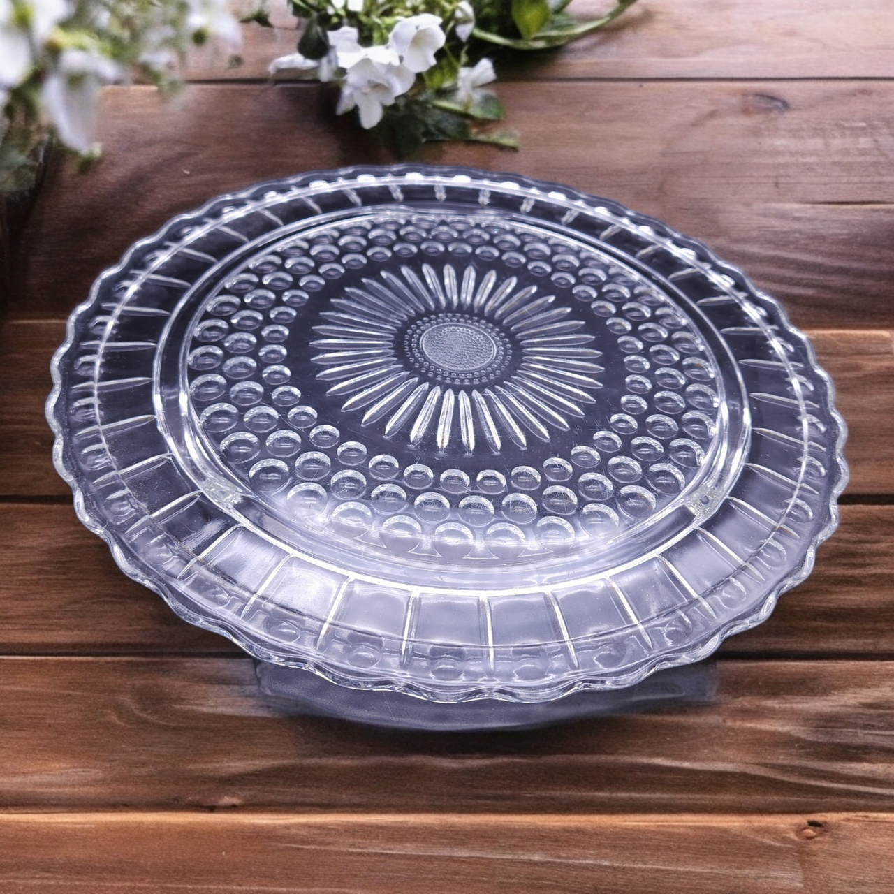 Federal Glass Dots Panels Sunburst Clear Pressed Glass Footed Cake Plate