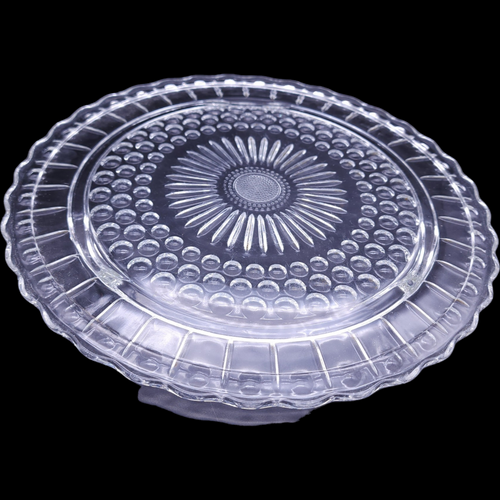 Federal Glass Dots Panels Sunburst Clear Pressed Glass Footed Cake Plate
