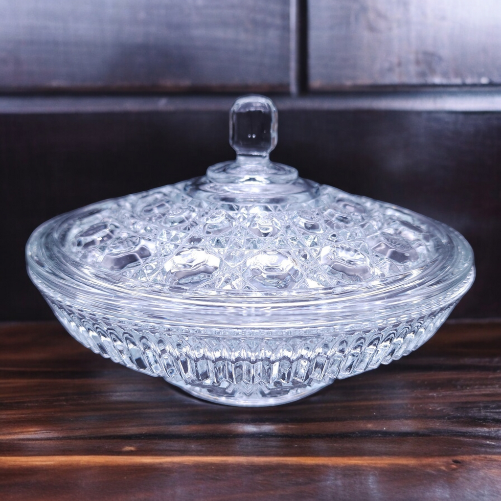 Federal Glass Windsor Clear Ballad Cane & Button Design Candy Dish & Lid