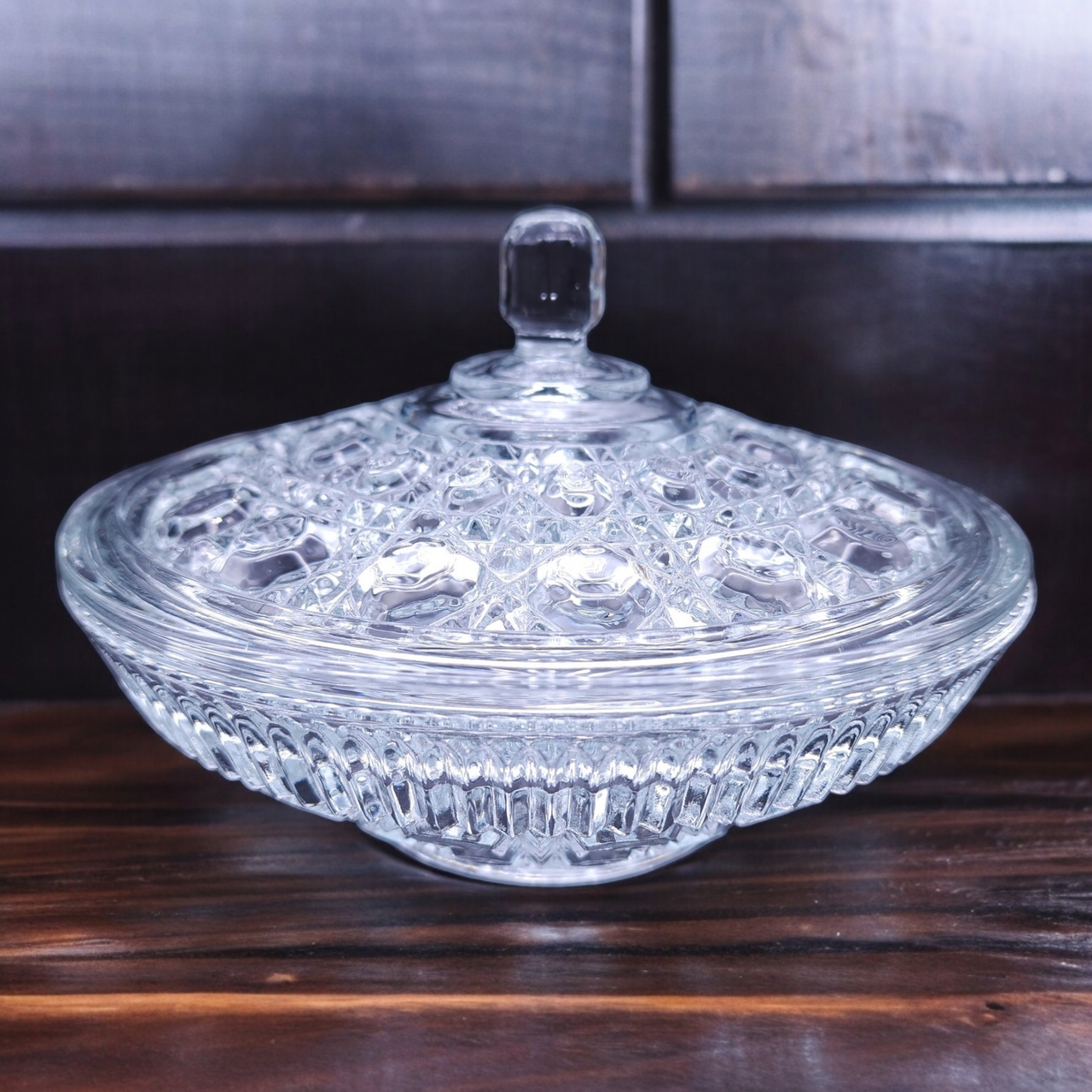 Federal Glass Windsor Clear Ballad Cane & Button Design Candy Dish & Lid