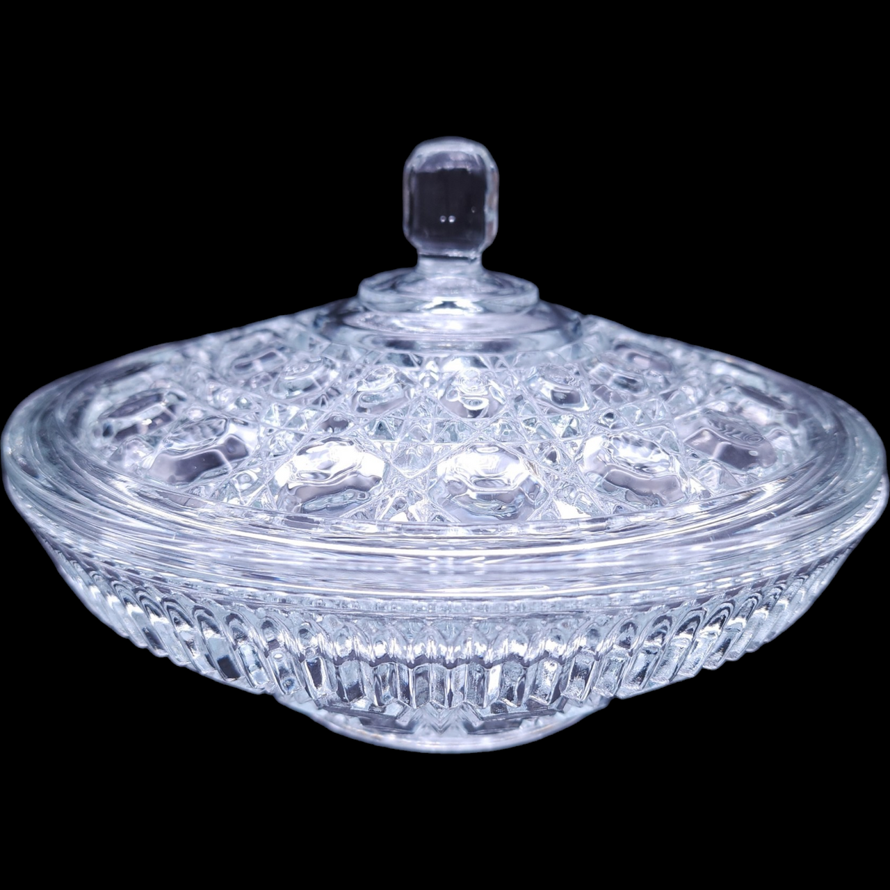 Federal Glass Windsor Clear Ballad Cane & Button Design Candy Dish & Lid