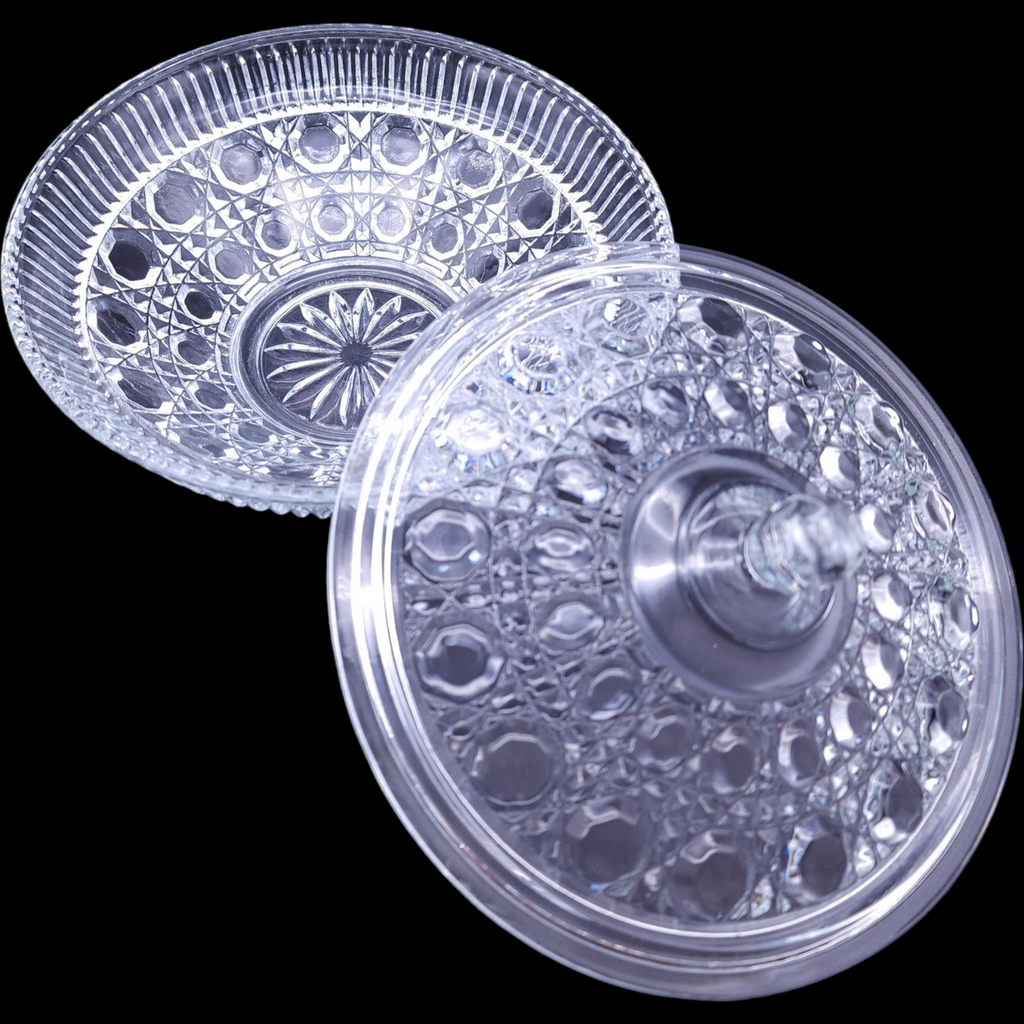 Federal Glass Windsor Clear Ballad Cane & Button Design Candy Dish & Lid