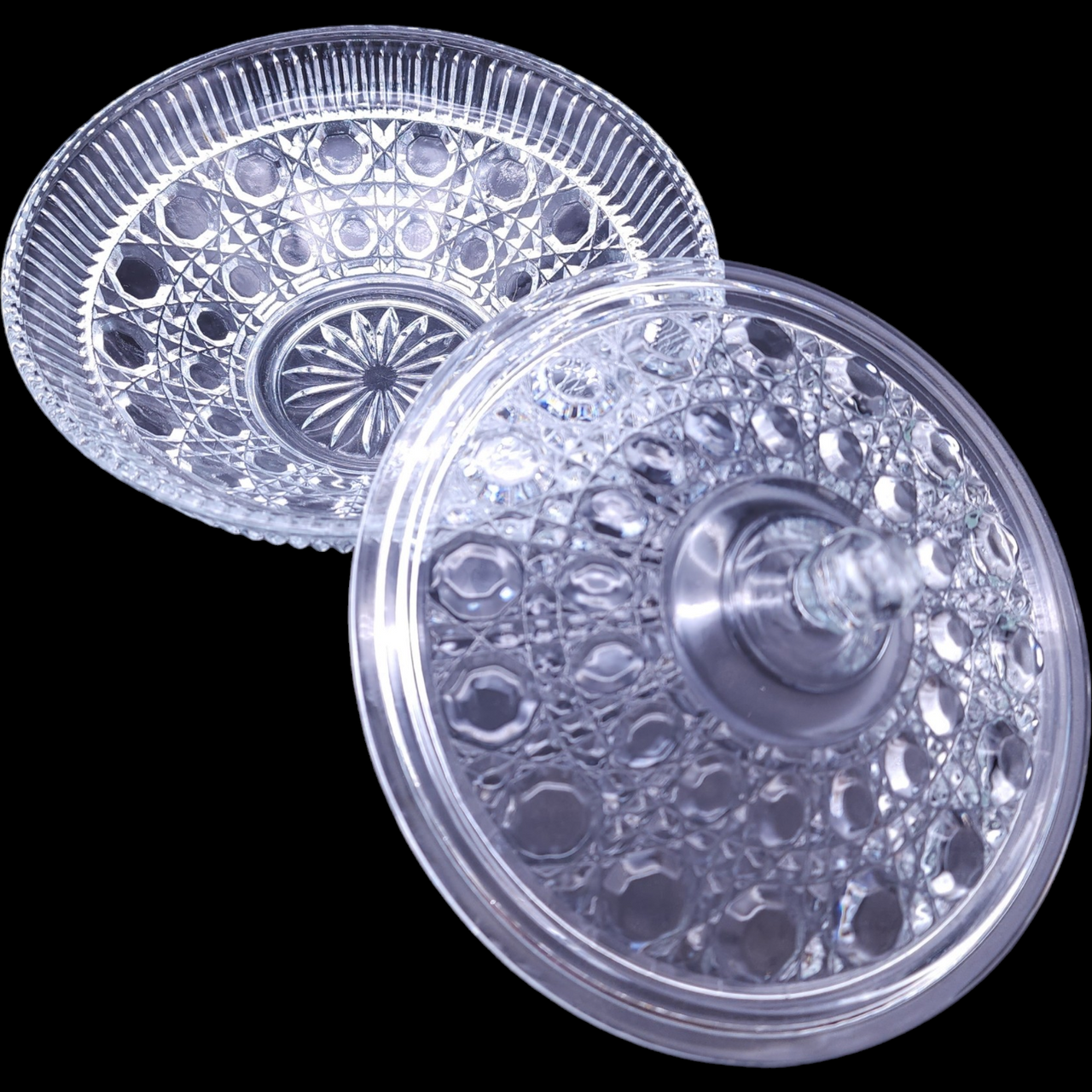 Federal Glass Windsor Clear Ballad Cane & Button Design Candy Dish & Lid