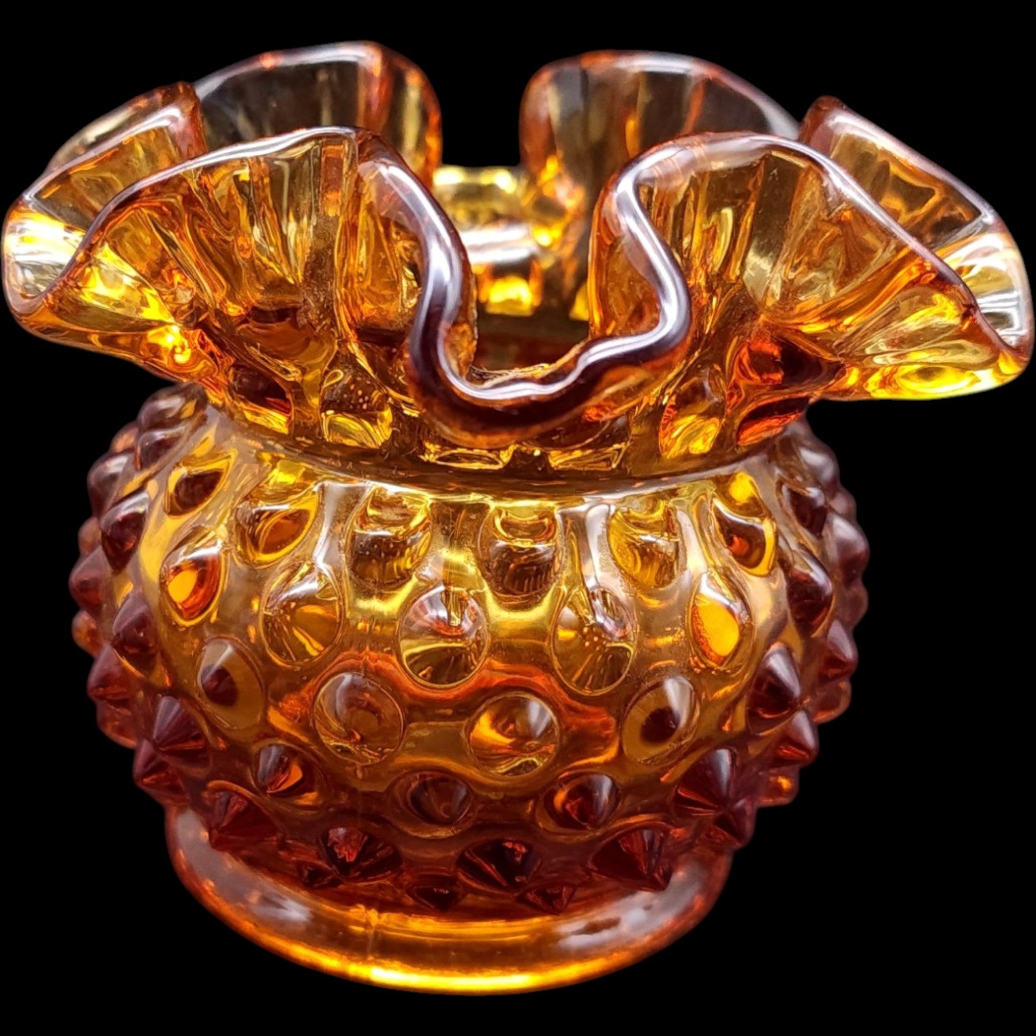 Fenton Amber Hobnail Glass 3 Inch Double Crimped Vase