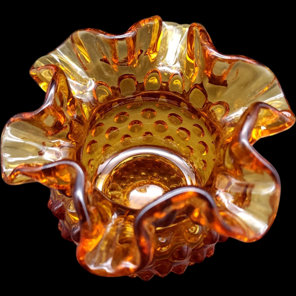 Fenton Amber Hobnail Glass 3 Inch Double Crimped Vase