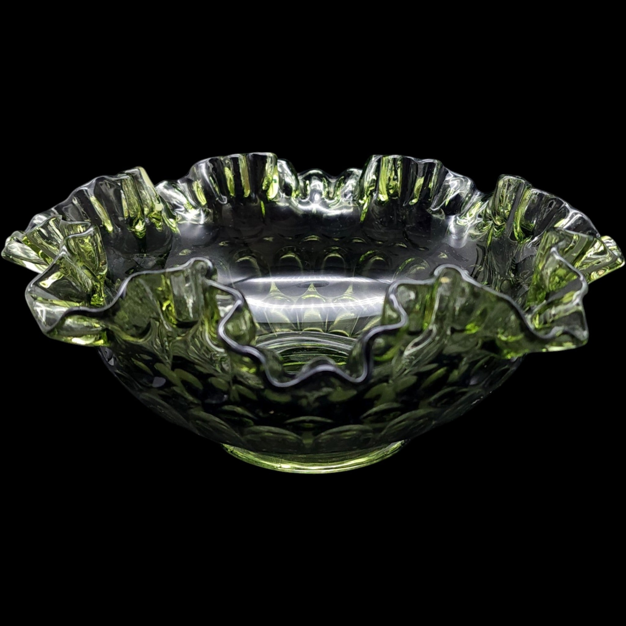 Fenton Colonial Green Thumbprint Ruffled Glass Bowl