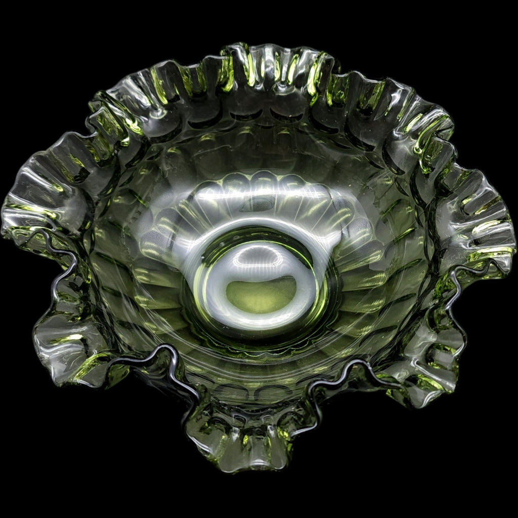 Fenton Colonial Green Thumbprint Ruffled Glass Bowl