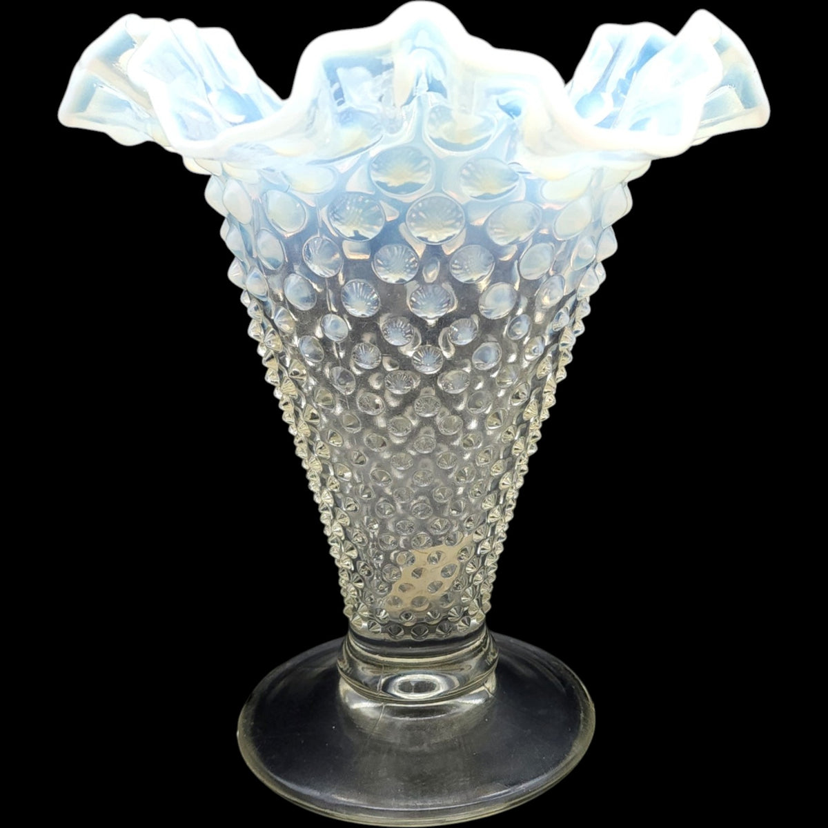 Fenton French Opalescent Hobnail Footed Double Crimped Vase