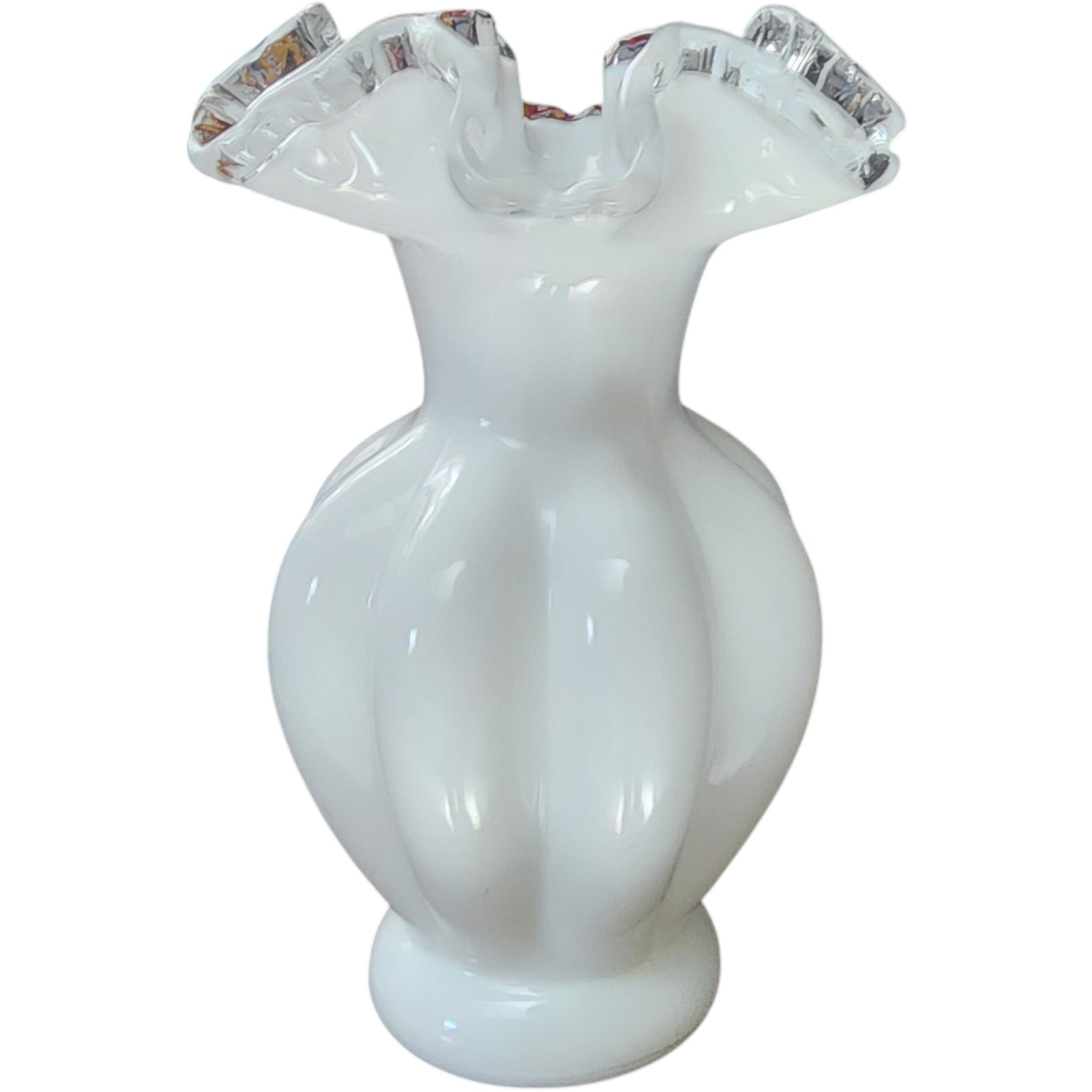Fenton White Milk Glass Melon Vase with Silver Crest Rim