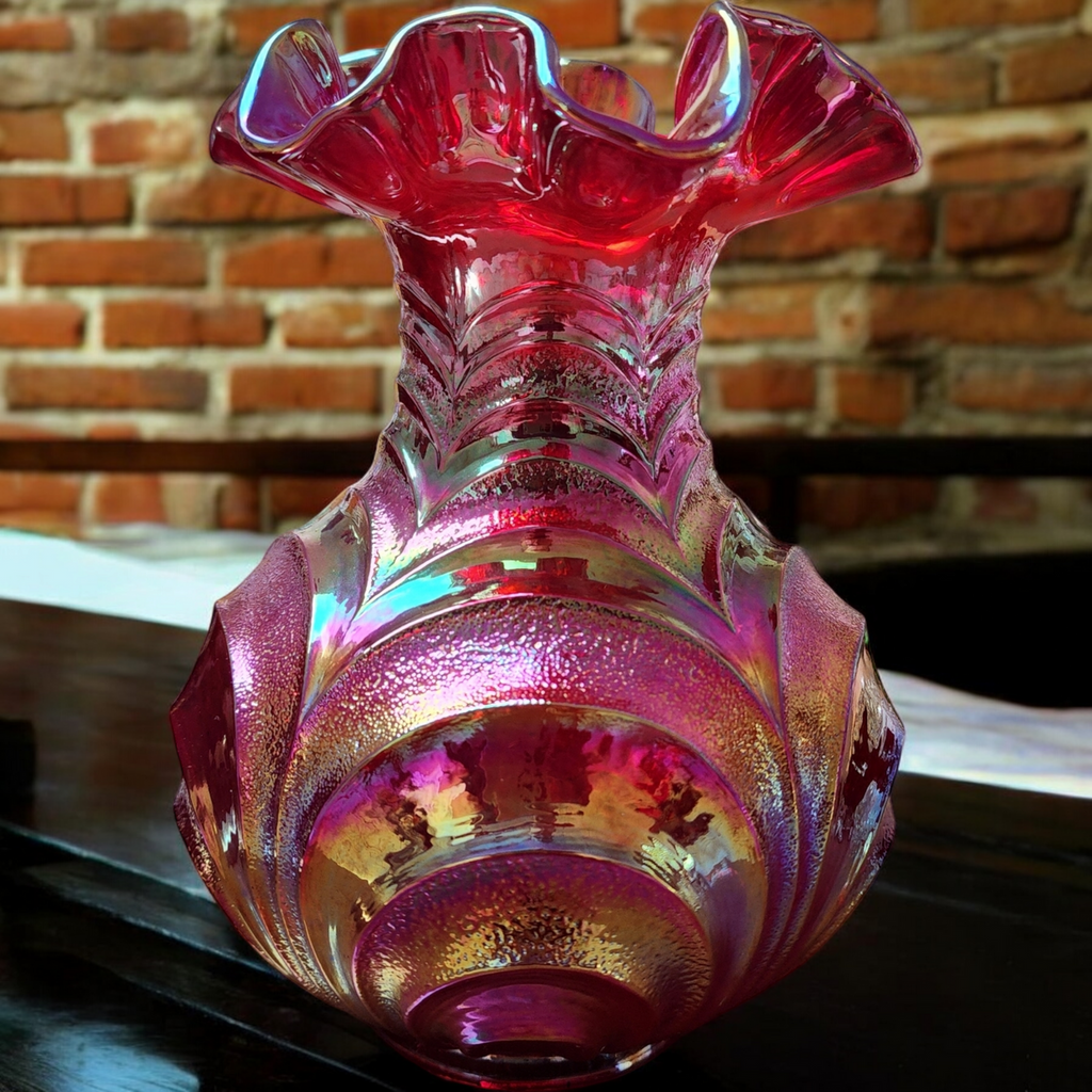 Fenton Amethyst Iridescent Carnival Reverse Drape Drapery Flower Vase