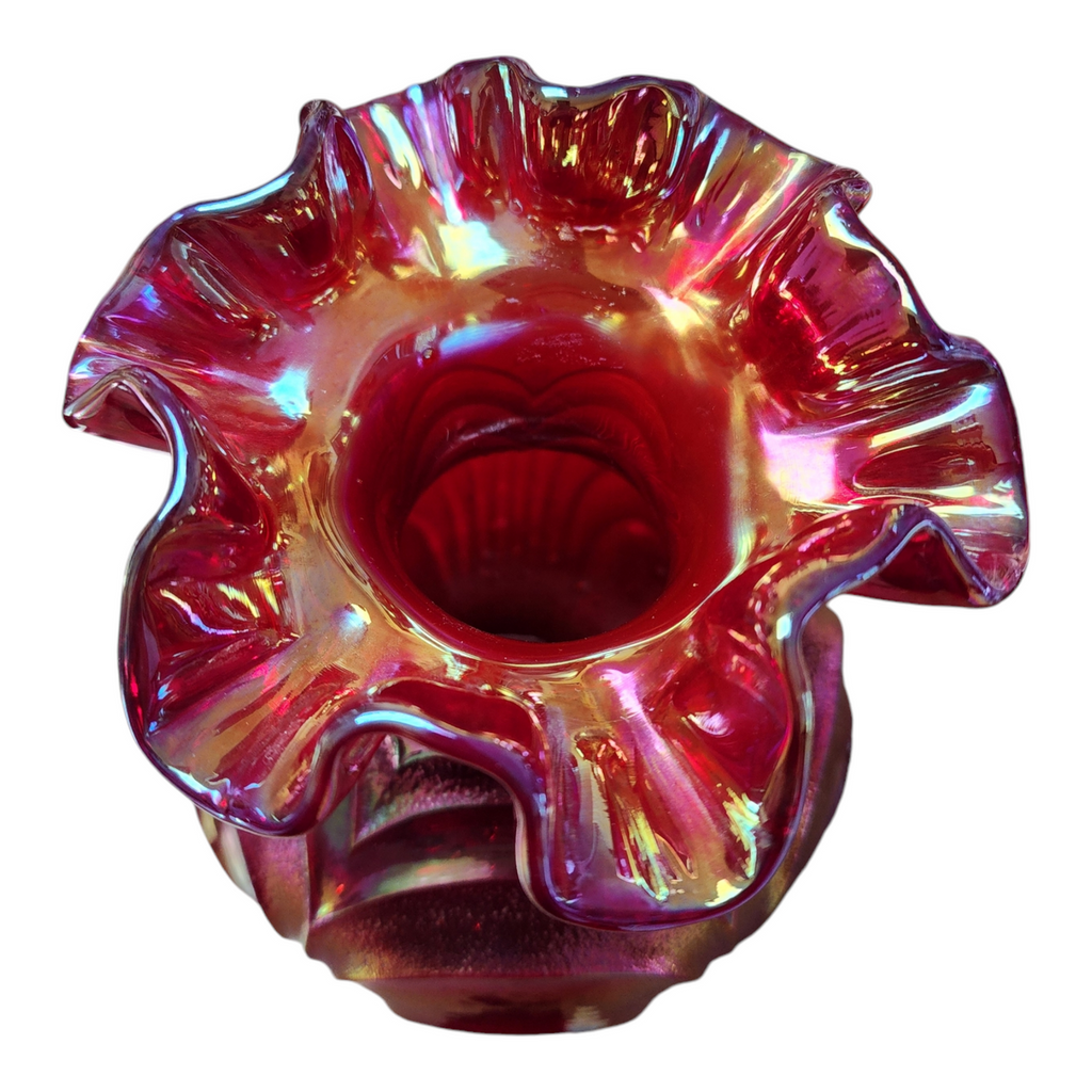 Fenton Amethyst Iridescent Carnival Reverse Drape Drapery Flower Vase