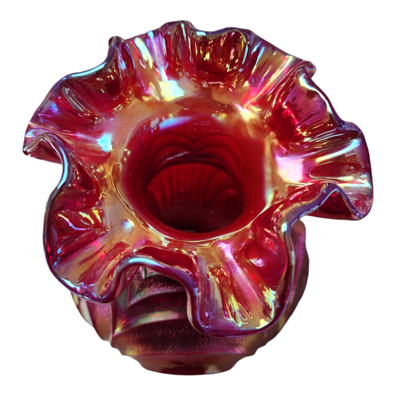 Fenton Amethyst Iridescent Carnival Reverse Drape Drapery Flower Vase