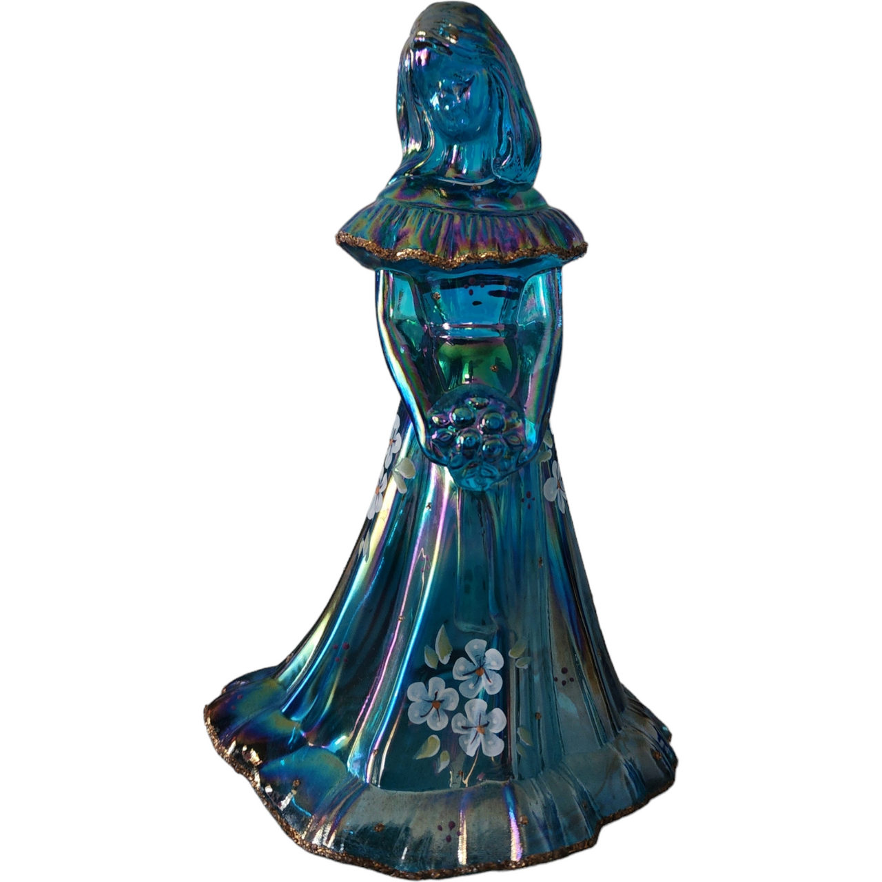 Fenton Art Glass Blue Iridescent Flower Girl with Hand Painted Florals Figurine