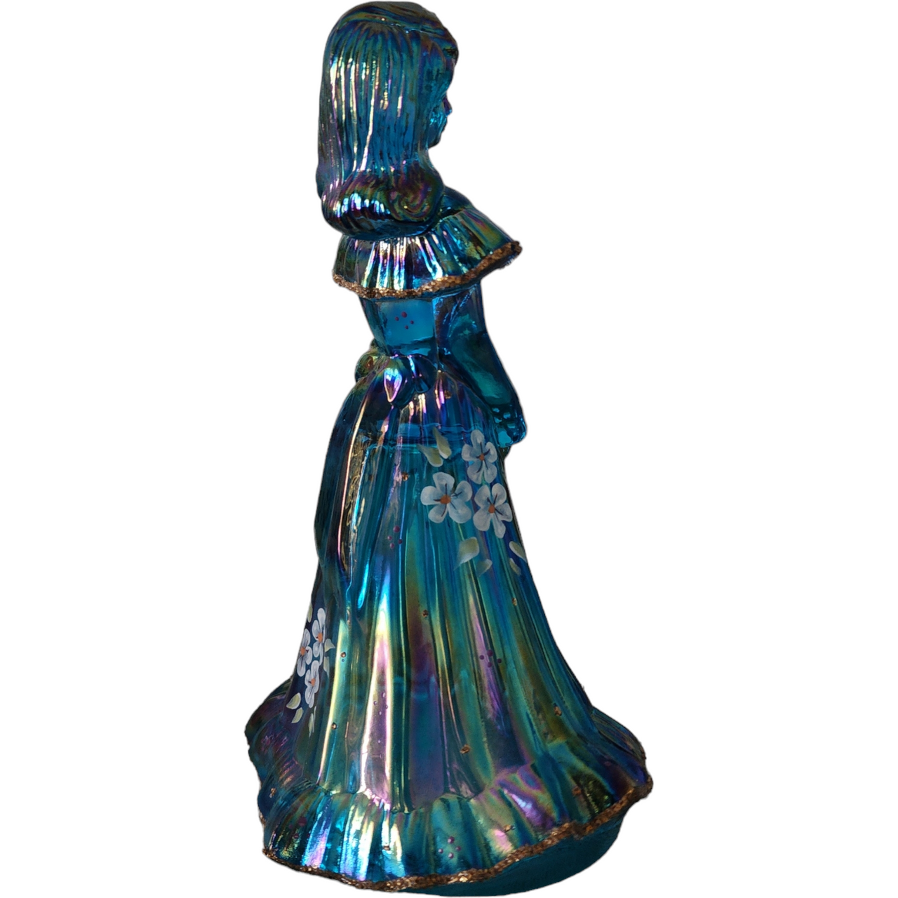 Fenton Art Glass Blue Iridescent Flower Girl with Hand Painted Florals Figurine