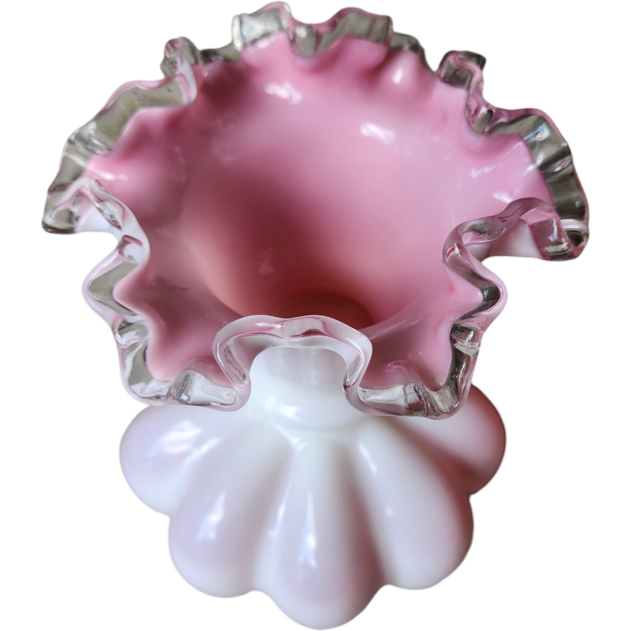 Fenton Art Glass Peach Pink White Silver Crest Ruffled Melon large vase
